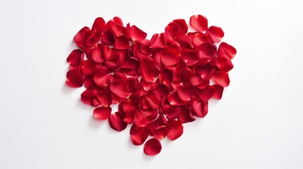 Red rose petals in the shape of a heart on white background