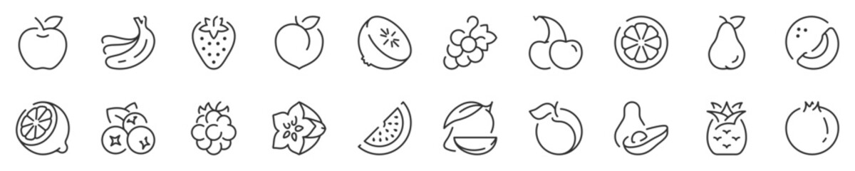 Line icons about fruits. Contains such icons as apple, strawberry, watermelon and more. Editable vector stroke. 512x512 Pixel Perfect in transparent background.
