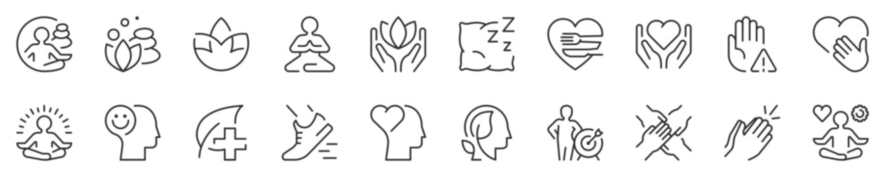 Line icons about wellness. Contains such icons as relaxation, yoga, spa, personal growth and more. Editable vector stroke. 512x512 Pixel Perfect in transparent background.