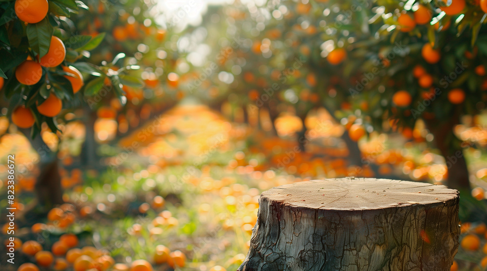 Wall mural a round tree trunk with space for product against the background of an orchard of orange trees. oran