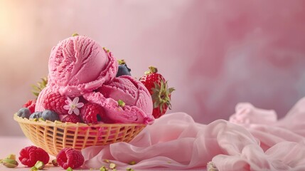 Raspberry ice cream with fresh raspberries and mint leaves.pink ice cream with strawberries on a pink background,Colorful isolated in pink background