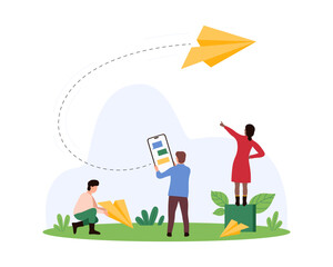 Social media communication online in mobile app. Tiny people send email and chat message, digital newsletter in envelope and SMS, paper plane flying from phone screen cartoon vector illustration