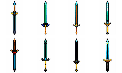 Pixel art weapon sword craft set. Retro rpg style swords isolated. Computer video game swords clip art. Pixelated longsword, dagger.  Swords isolated. Mine vector on white background.