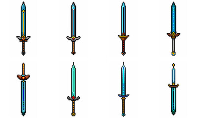 Pixel art weapon sword craft set. Retro rpg style swords isolated. Computer video game swords clip art. Pixelated longsword, dagger.  Swords isolated. Mine vector on white background.