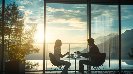 A couple enjoying a peaceful morning coffee together on a balcony with a view. Dynamic and dramatic composition, with cope space