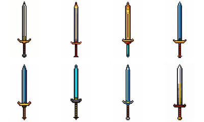 Pixel art weapon sword craft set. Retro rpg style swords isolated. Computer video game swords clip art. Pixelated longsword, dagger.  Swords isolated. Mine vector on white background.