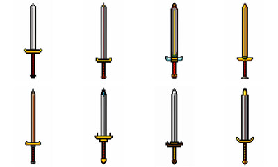 Pixel art weapon sword craft set. Retro rpg style swords isolated. Computer video game swords clip art. Pixelated longsword, dagger.  Swords isolated. Mine vector on white background.