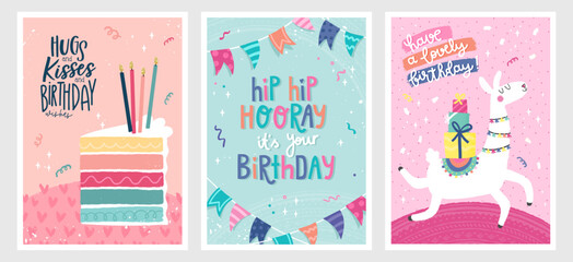 Obraz premium Set of birthday postcards with confetti, balloons, an alpaca and hand writing. Invitations, happy birthday. Vector templates great for card, poster, flyer or banner
