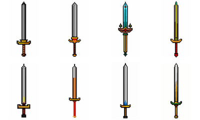 Pixel art weapon sword craft set. Retro rpg style swords isolated. Computer video game swords clip art. Pixelated longsword, dagger.  Swords isolated. Mine vector on white background.