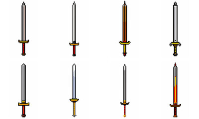 Pixel art weapon sword craft set. Retro rpg style swords isolated. Computer video game swords clip art. Pixelated longsword, dagger.  Swords isolated. Mine vector on white background.