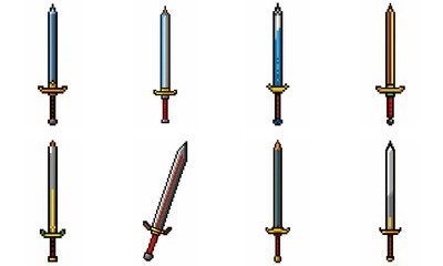 Pixel art weapon sword craft set. Retro rpg style swords isolated. Computer video game swords clip art. Pixelated longsword, dagger.  Swords isolated. Mine vector on white background.