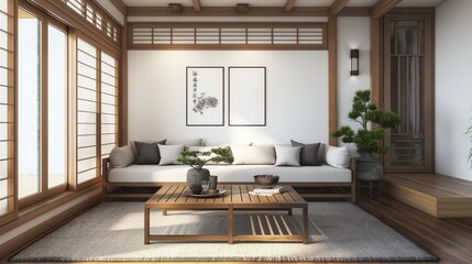 Frame mockup, modern oriental hanok style living room interior