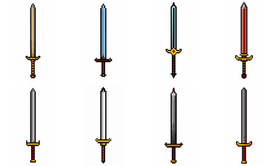 Pixel art weapon sword craft set. Retro rpg style swords isolated. Computer video game swords clip art. Pixelated longsword, dagger.  Swords isolated. Mine vector on white background.