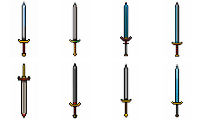 Pixel art weapon sword craft set. Retro rpg style swords isolated. Computer video game swords clip art. Pixelated longsword, dagger.  Swords isolated. Mine vector on white background.