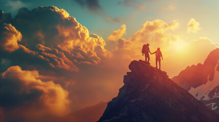 A couple reaching the summit of a mountain, holding hands and looking at the view. Dynamic and dramatic composition, with cope space