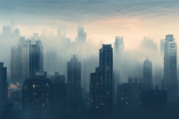 Tranquil misty cityscape at dawn with foggy skyline, illuminated skyscrapers, serene atmosphere, and tranquil morning haze