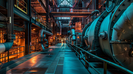 A large industrial plant with many pipes and valves. The pipes are silver and yellow. Scene is industrial and mechanical - Powered by Adobe