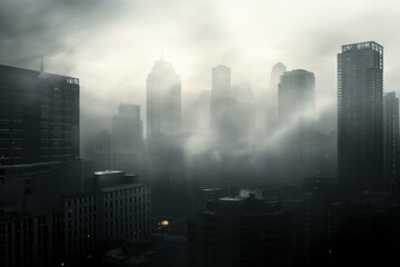 Serene and atmospheric misty cityscape at dawn with skyscrapers. Creating a tranquil and peaceful urban landscape engulfed in fog and haze