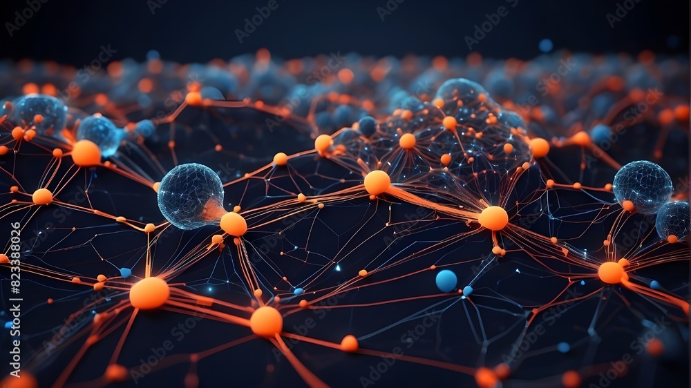 Poster big data flow in cyberspace. blockchain fields for data. connect stream to network line. idea of art