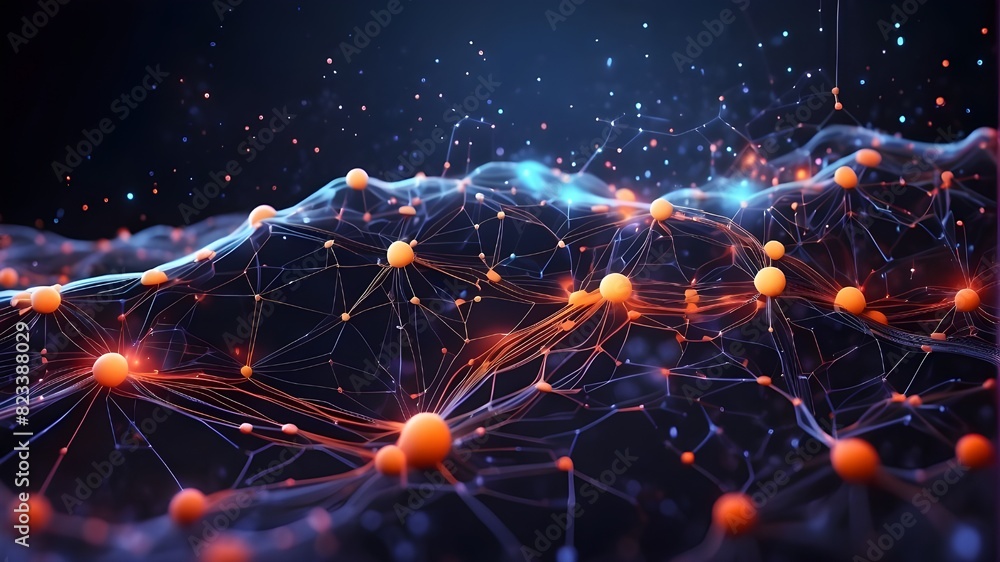 Poster big data flow in cyberspace. blockchain fields for data. connect stream to network line. idea of art