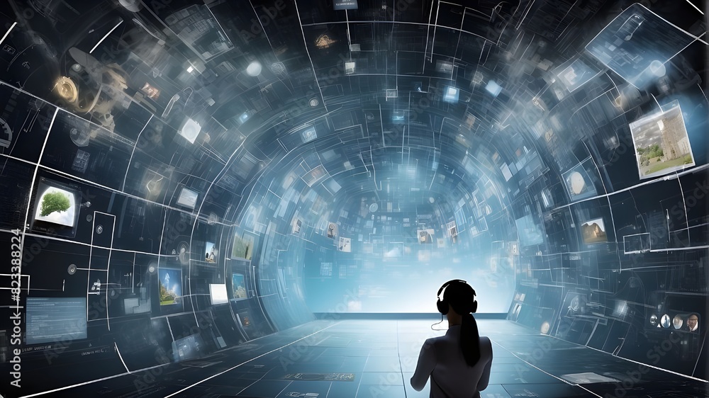 Poster navigating a virtual technological environment. various media