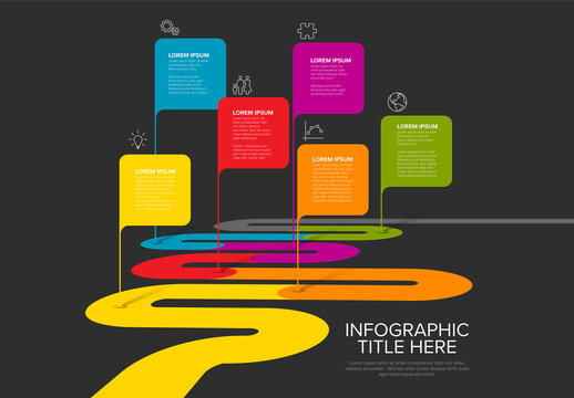 Infographic dark timeline template with square bubbles with texts on thick curved color line