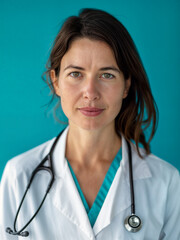 Portrait of a female doctor in a medical gown on a blue background. Medical specialist in the clinic.