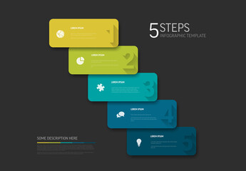 Five green and blue horizontal steps solid color blocks with big numbers in the corner infographic template
