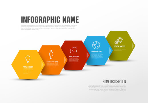 Five steps infographic templates on rainbow colors hexagons in one diagonal line