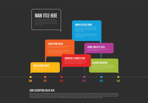 Flat horizontal color timeline infographic template made from color rectangle speech bubbles on black background