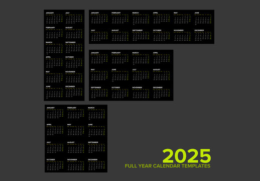 Dark full year calendar layout design templates for the year 2025 (monday first day)