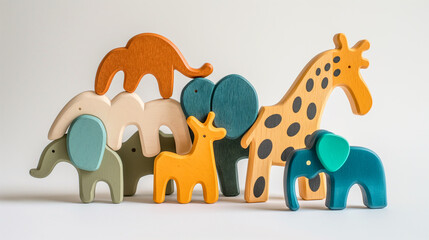 Colorful Wooden handcrafted animal toys on isolated white  background