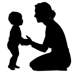 A mother play with her kids vector silhouette, white background