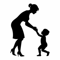 A mother play with her kids vector silhouette, white background