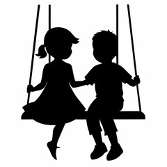 cute siblings on a swing vector silhouette black color, white background