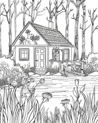 Adult Coloring Book Page of Quaint Cottage by Serene Lake with Realistic Backdrop