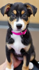 A small black and brown dog with a pink collar is sitting on a person's hand. The dog has a cute and innocent expression on its face