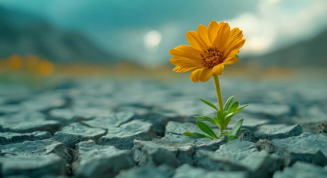 A yellow flower is growing in the middle of a rocky, dry desert. The flower is small and fragile, but it is determined to grow in the harsh environment. Concept of resilience and hope