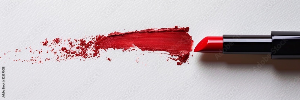 Poster close-up of a red lipstick with a brush tip creating a bold stroke on paper. generative ai