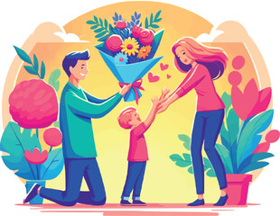 Parents day, family, son and father give mother a large bouquet of flowers