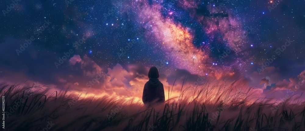 Wall mural a person is standing in a field of tall grass at night
