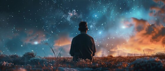 A man is sitting in a field of grass, looking up at the stars