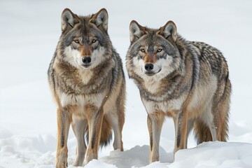 Two grey wolves, with one standing on a white background