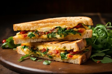 Delectable grilled cheese sandwich with spinach and tomato on a wooden board