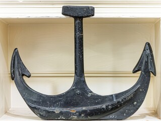 A black anchor is displayed on a shelf. The anchor is old and rusted, but it still has a strong and sturdy appearance. The black color of the anchor contrasts with the white shelf