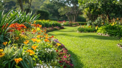 Obraz premium Well-manicured vibrant garden with colorful flowers and lush green lawn