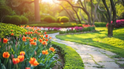 Obraz premium Vibrant tulip flowers lining sunlit park pathway