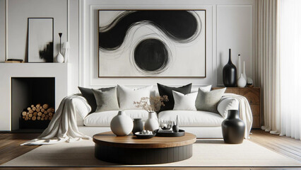 Modern Living Room with White Sofa and Minimalist Abstract Art