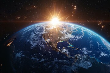 Illustration of the earth in space with a bright sun shining around it