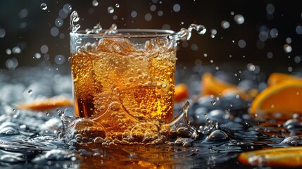 Effervescent soda in a glass with lively water splashes and slices of orange, conveying a feeling of refreshment